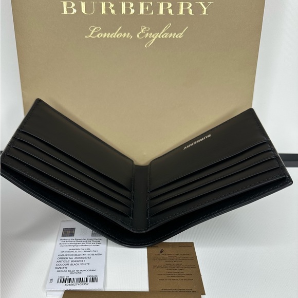 BURBERRY TB MONOGRAM PRINT LOGO OFF-WHITE BLACK LEATHER BIFOLD BILL WALLET NWT - Picture 6 of 13